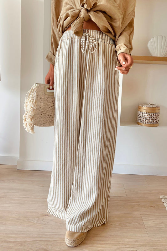 Khaki Striped Print Wide Leg Drawstring Pants