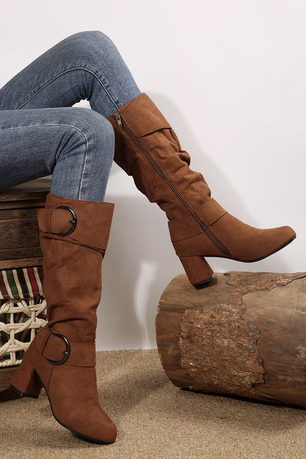 Coffee Suede Buckled Side Zip-Upboot Mid-calf Boots