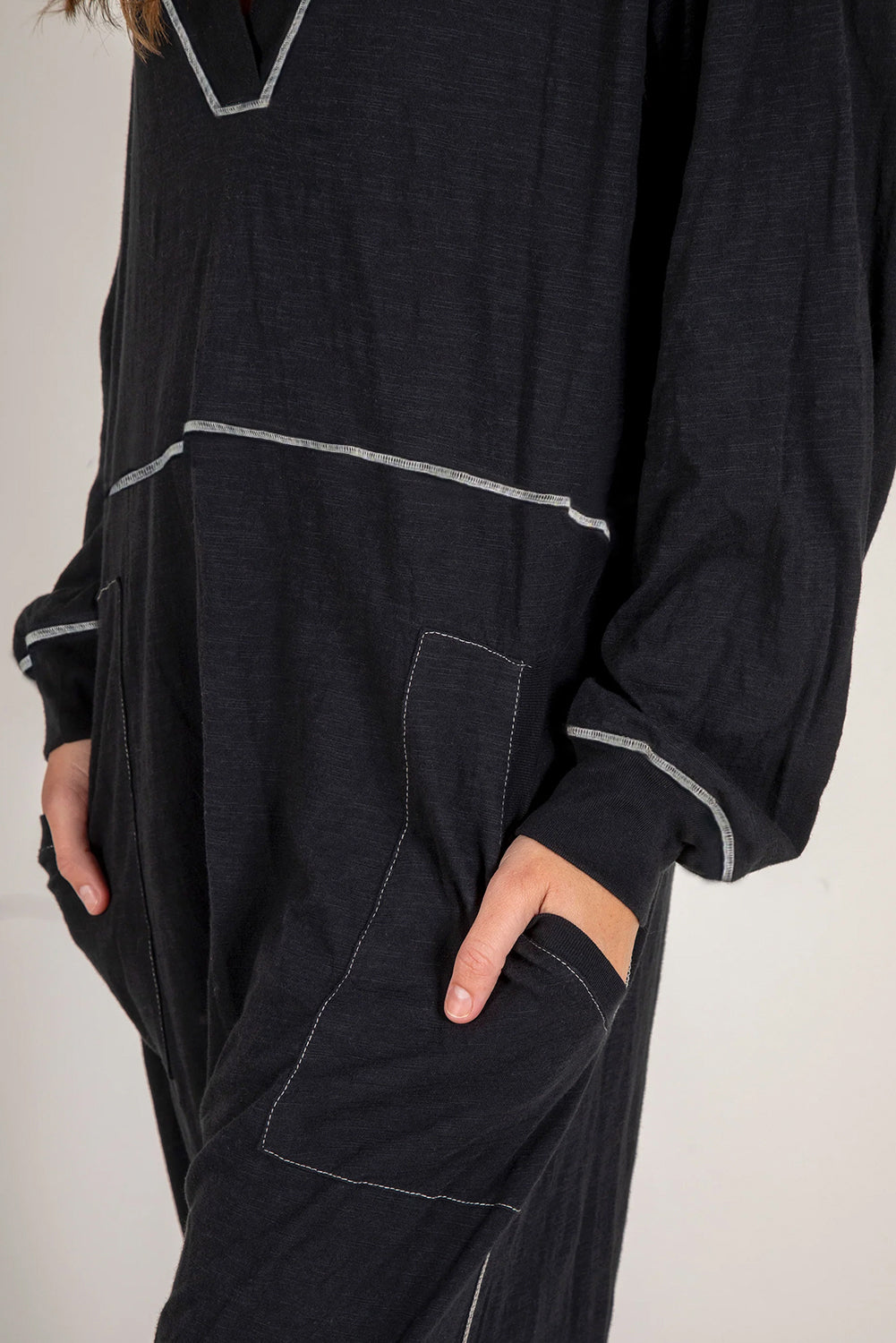 Black Flatlock Seam V Neck Baggy Jumpsuit