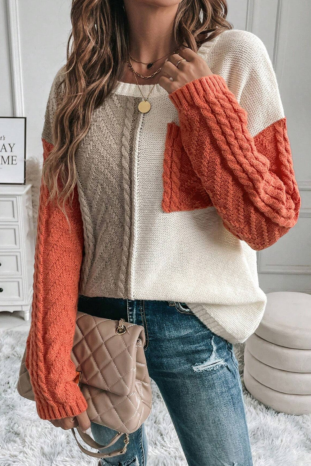 Green Colorblock Drop Shoulder Sweater