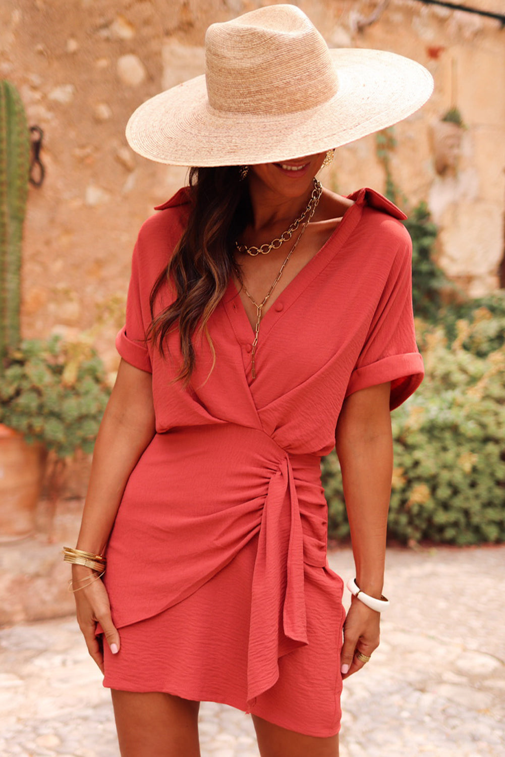 Tomato Red Pleated Wrapped Mini Dress