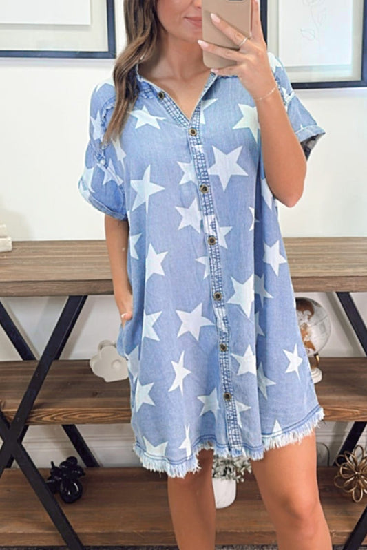 Sky Blue Stars Frayed Hem Denim Dress