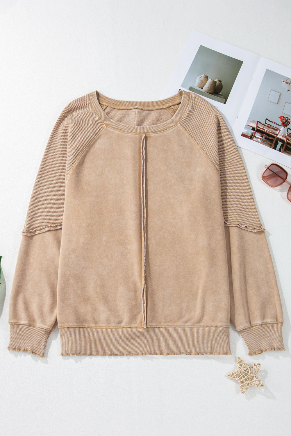 Waffle Patchwork Raglan Sleeve Exposed Seam Sweatshirt