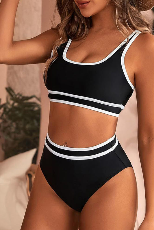 Black Contrast Trimmed High Waist Bikini