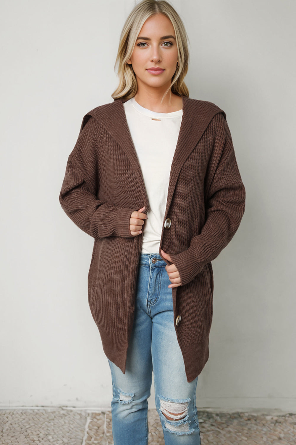 Brown Chunky Lapel Collar Button up Cardigan