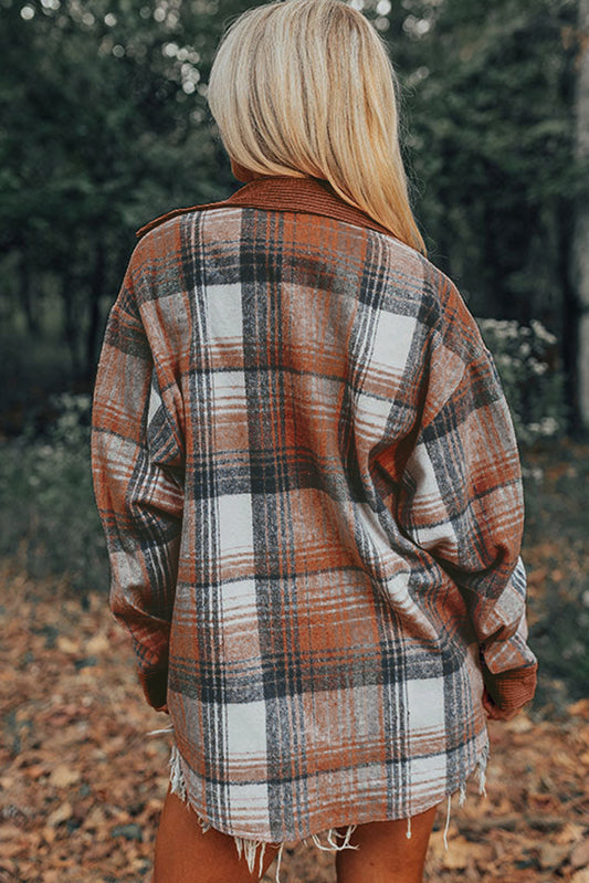 Cinnamon Plaid Corduroy Patchwork Pocket Loose Shacket