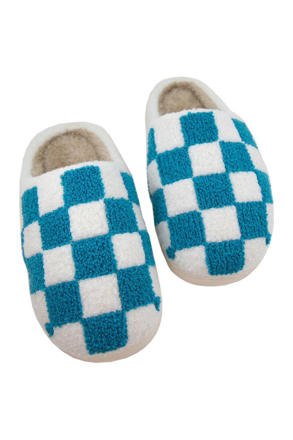 Light Blue Checkered Plush Slippers