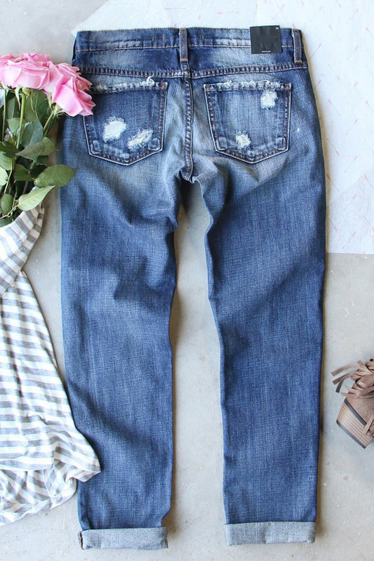 Sequin Distressed Straight Jeans