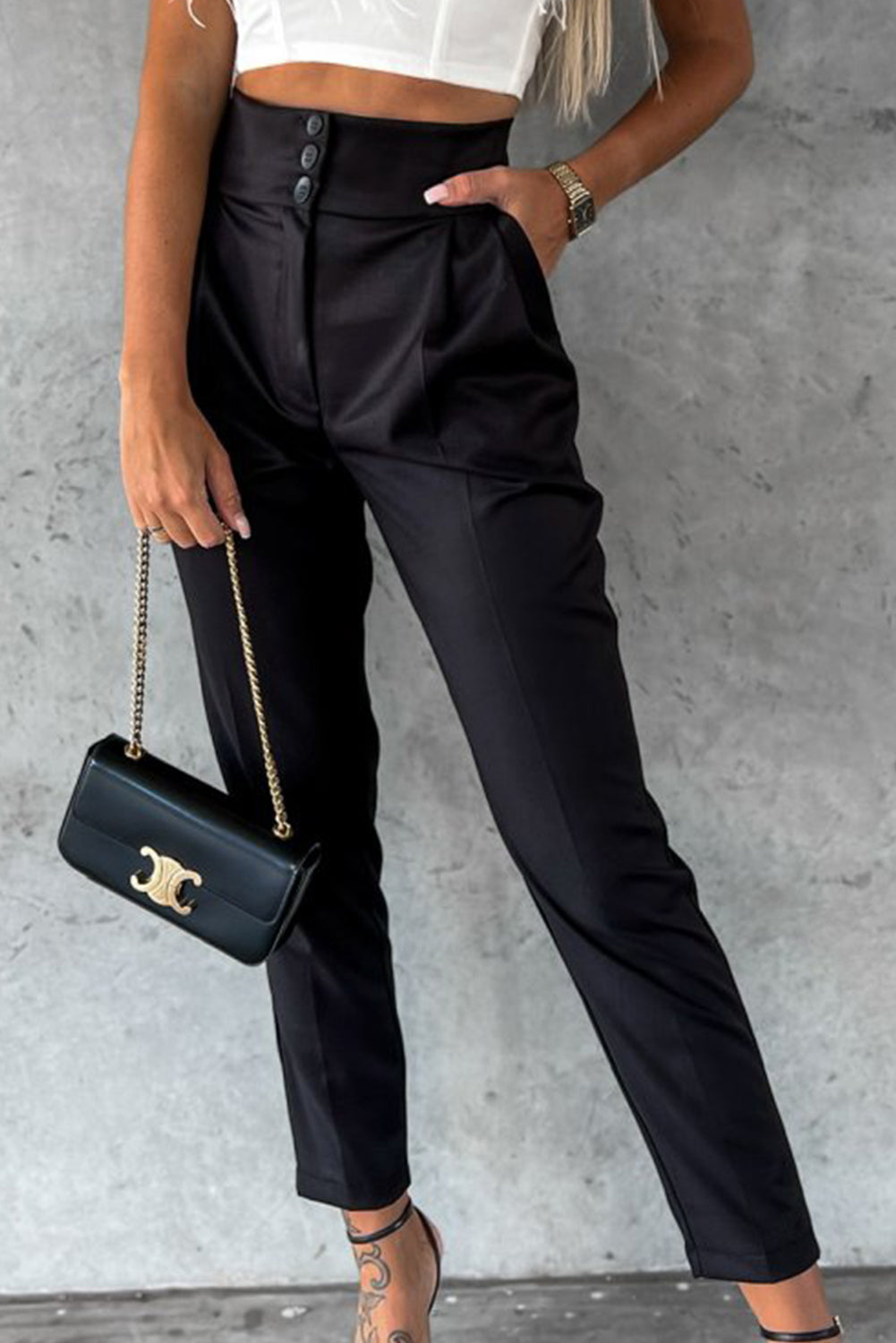 Black Button Up High Waist Tapered Pants