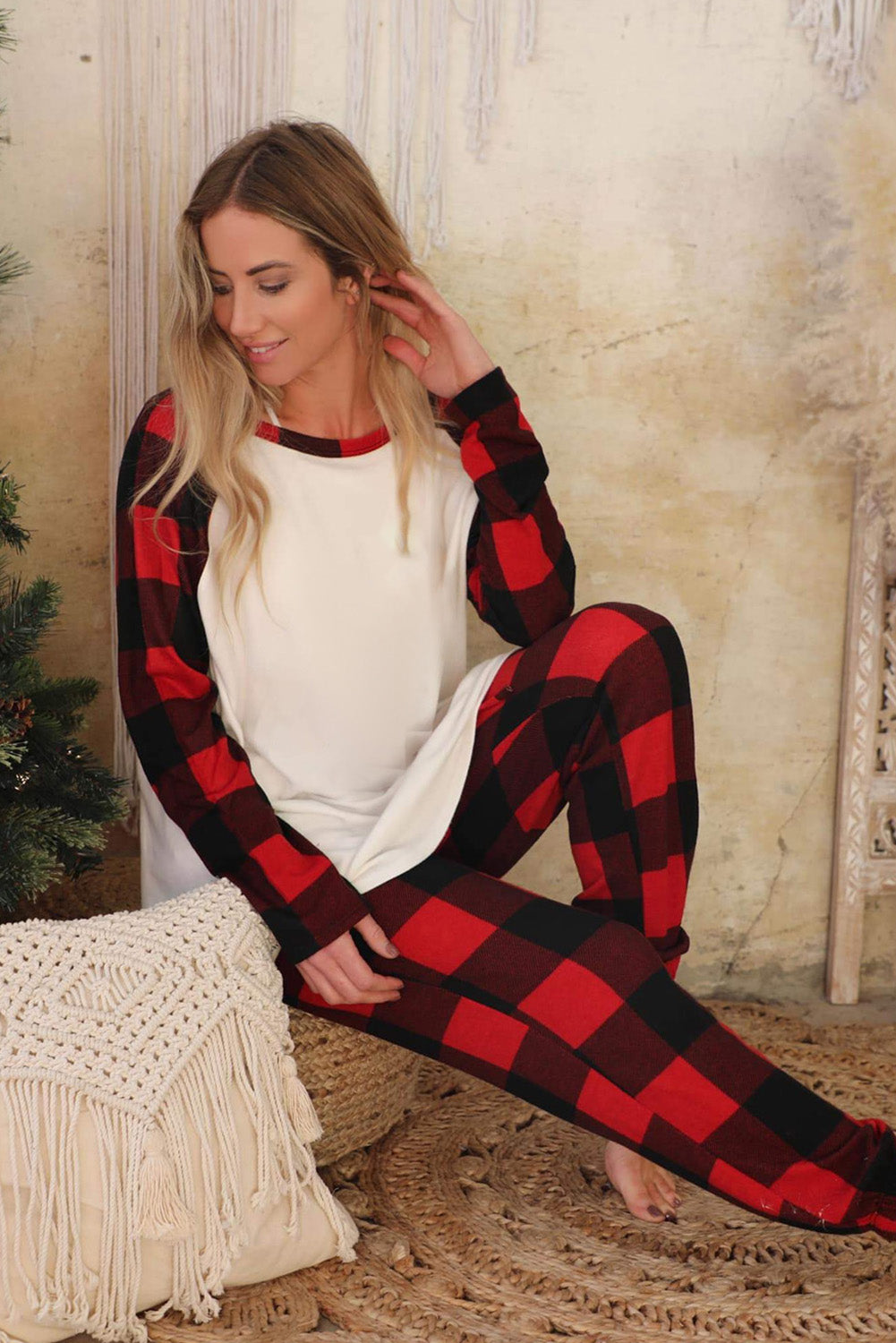 Fiery Red With Plaid Loungewear Set