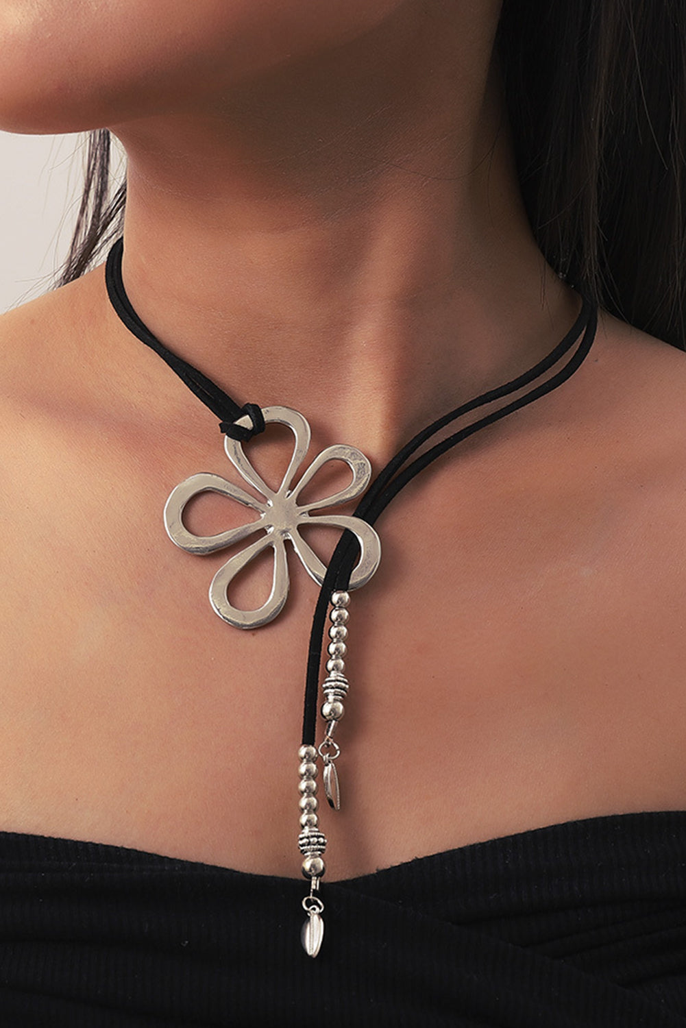 Silver Hollow Out Floral Leather Rope Necklace