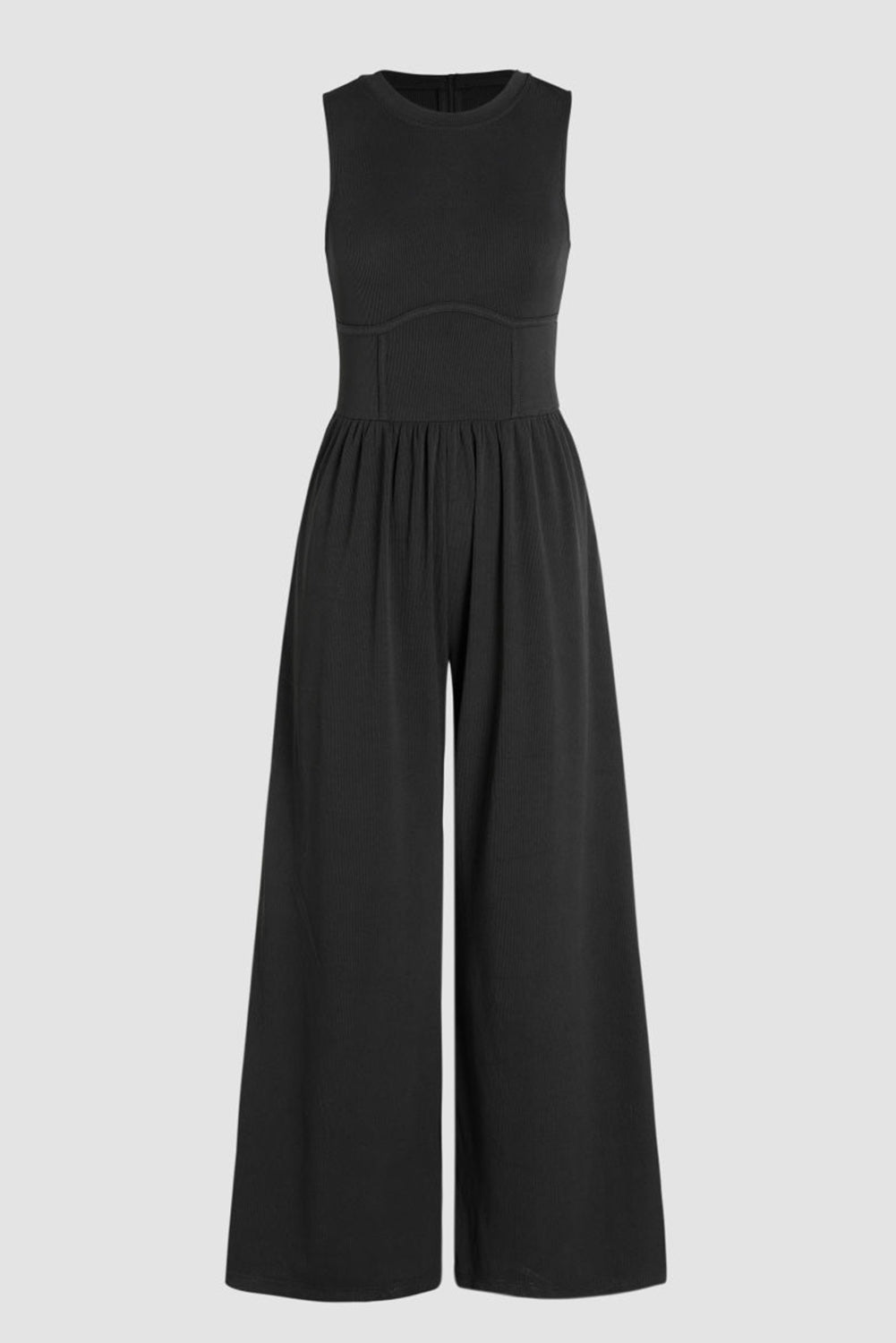 Grey Cinched Waist Sleeveless Wide Leg Jumpsuit