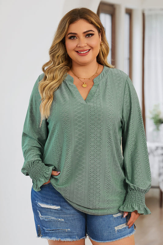 Green Eyelet Jacquard Split Neck Flounce Sleeve Plus Size Blouse