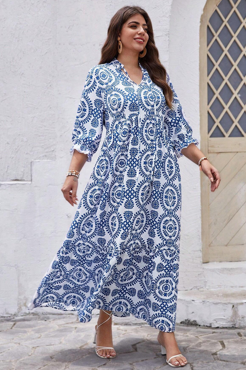 Sky Blue Geometric Print Plus Size Maxi Dress