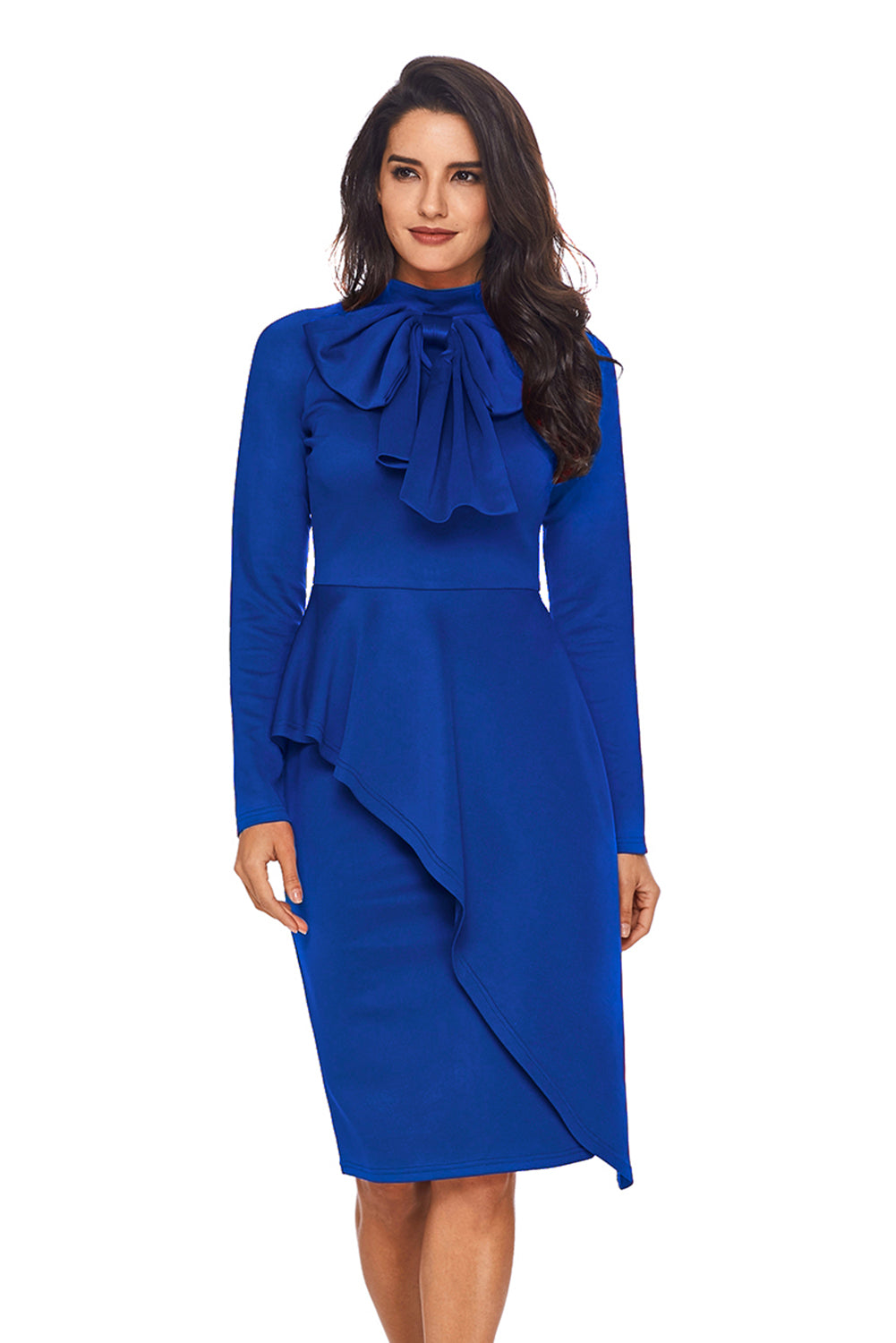 Modest Asymmetric Peplum Style Bow Dress