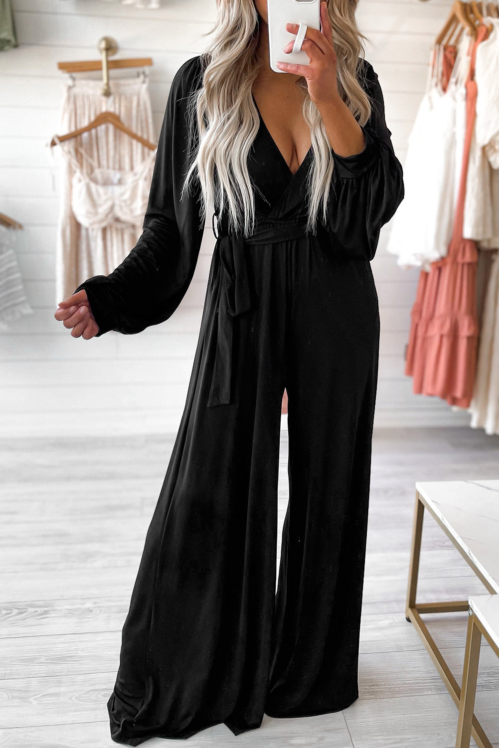 Black Cutout Back Belted Wide Leg Jumpsuit