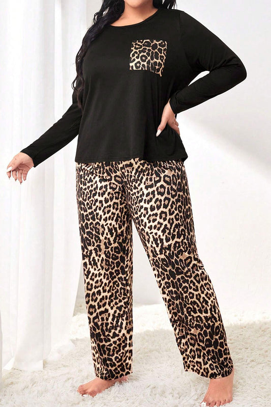 Leopard Patched Long Sleeve Plus Size Pajama Set