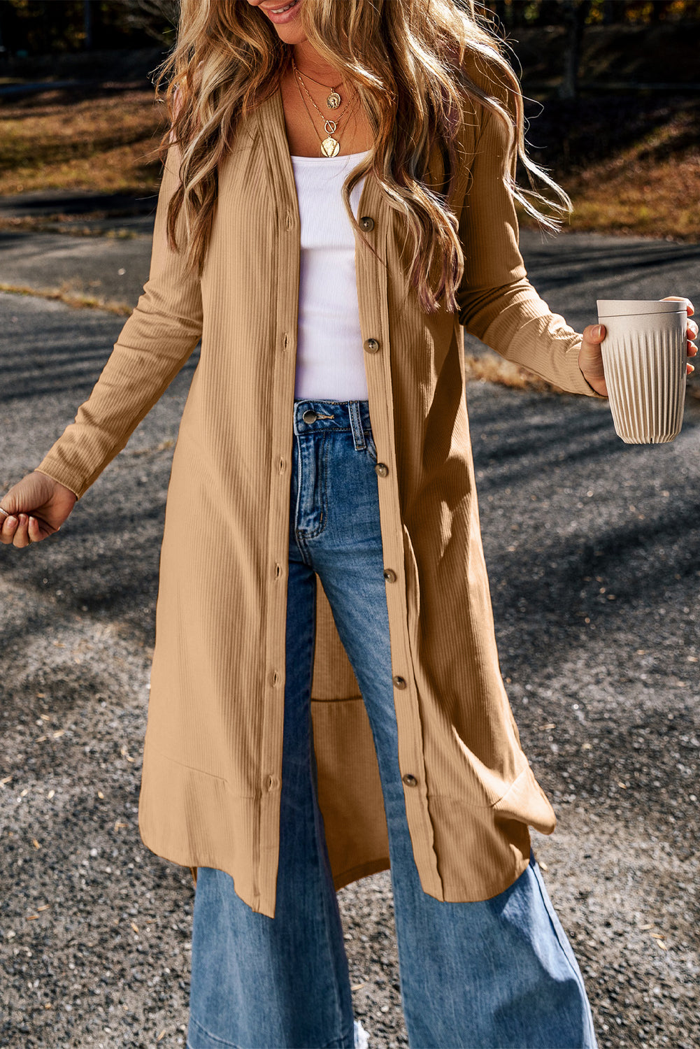 Gray Ribbed Button-Up Duster Cardigan