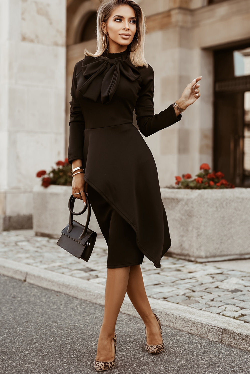 Modest Asymmetric Peplum Style Bow Dress