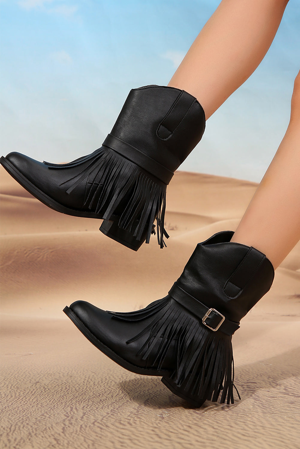 Black Fringed Wide Calf Faux Leather Boots