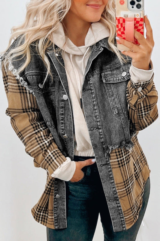 Grey & Yellow Plaid Denim Jacket