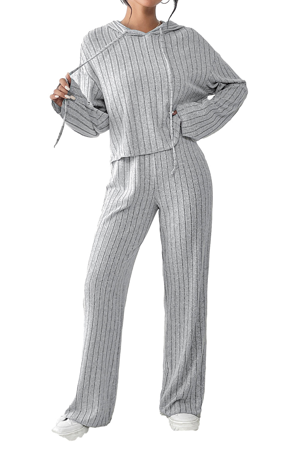 Ribbed Knit Slouchy Hoodie Wide Leg Pants Set