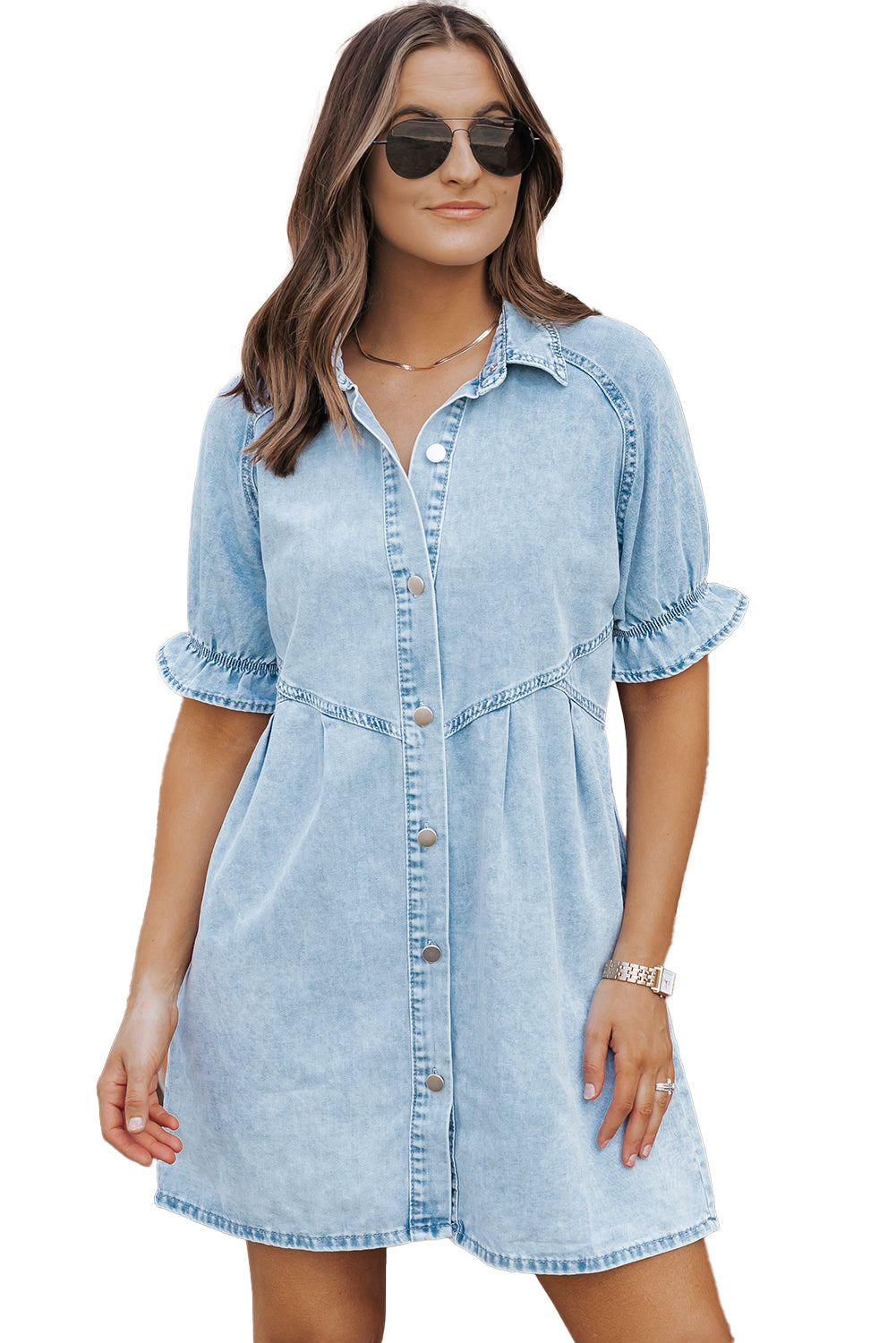 Medium Grey Mineral Wash Ruffled Short Sleeve Buttoned Denim Dress