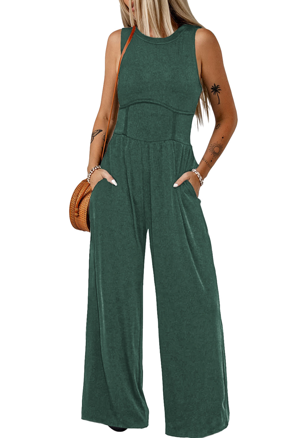 Grey Cinched Waist Sleeveless Wide Leg Jumpsuit