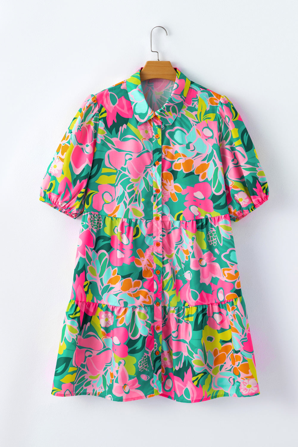 Plus Size Floral Print Tiered Shirt Dress