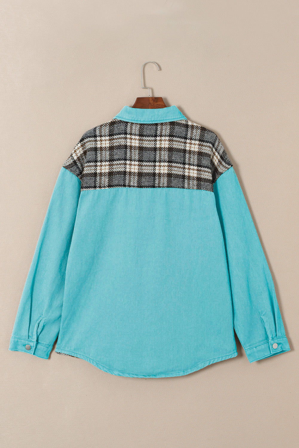 Loose Fit Sky Blue Plaid Patchwork Denim Jacket