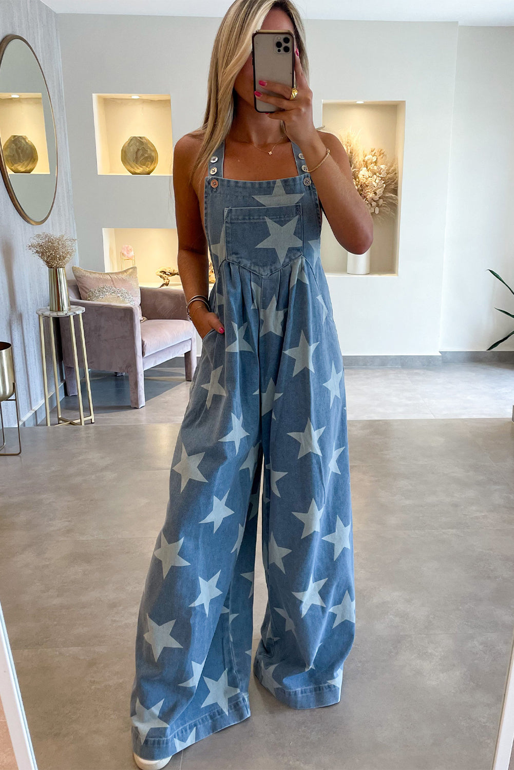 Star Print Wide Leg Denim Overall