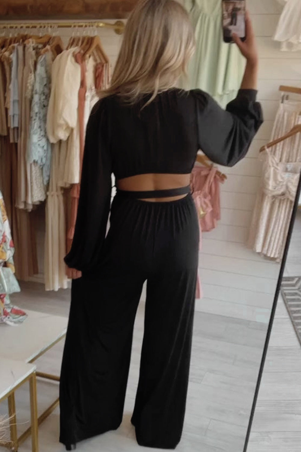 Black Cutout Back Belted Wide Leg Jumpsuit