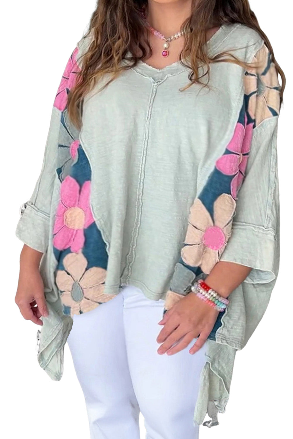 Pink Flower Patchwork Plus Size Sweater