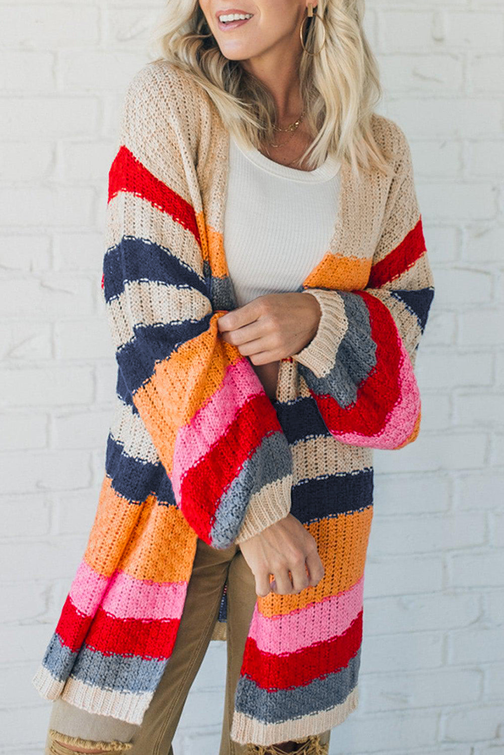 Striped Balloon Sleeve Baggy Cardigan