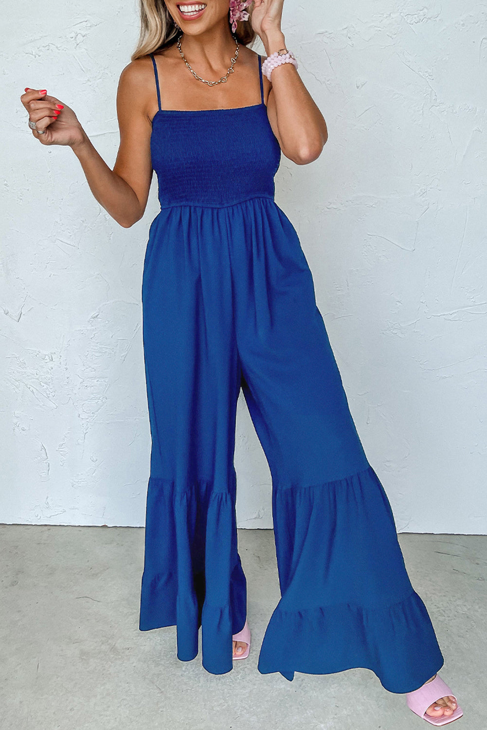 Navy Blue Spaghetti Strap Smocked Wide Leg Jumpsuit