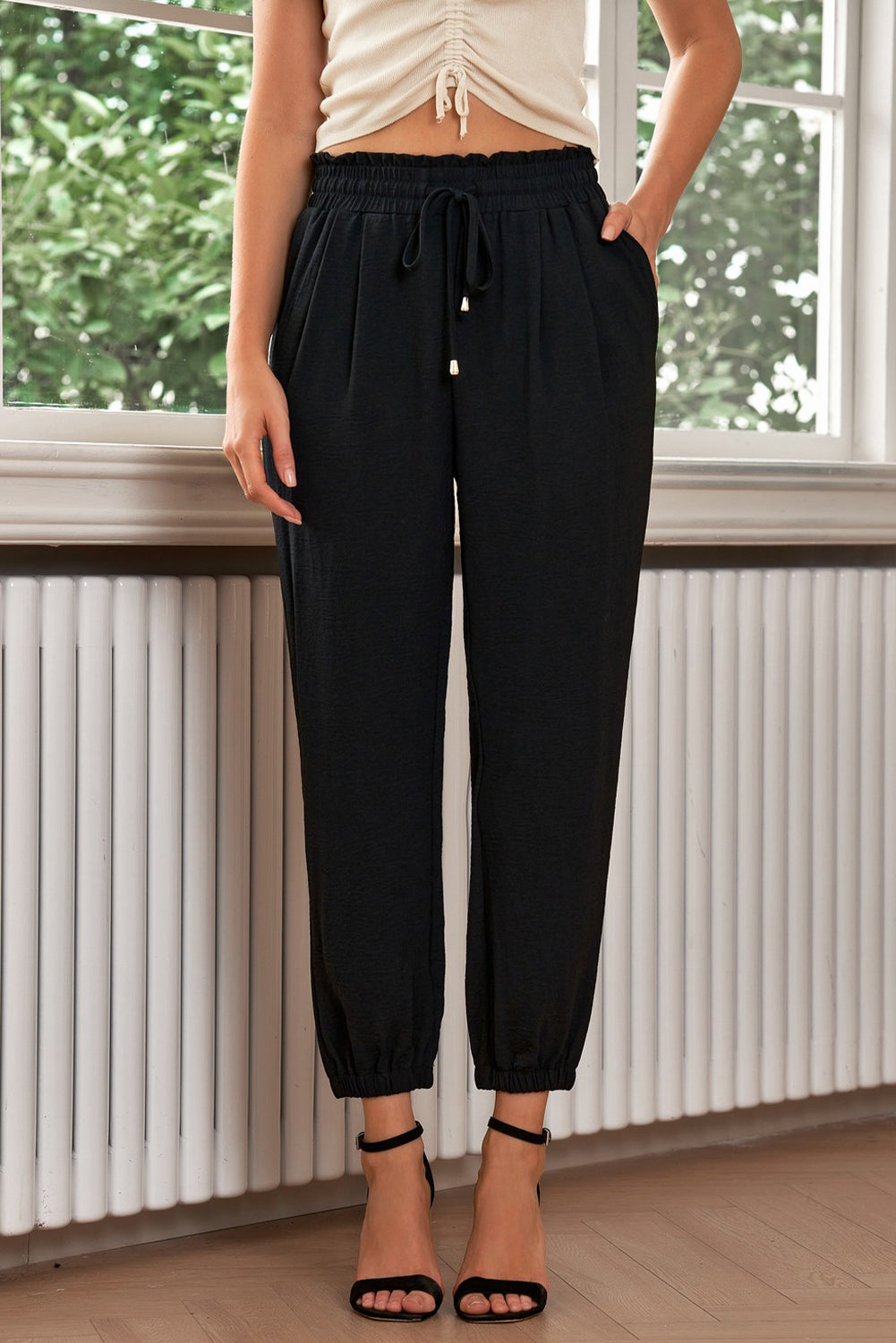 Black Solid  Smocked Waist Joggers