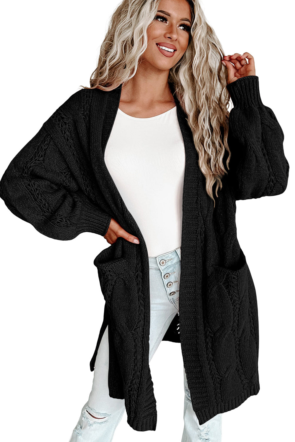 Ribbed Trim Cable Knit Cardigan