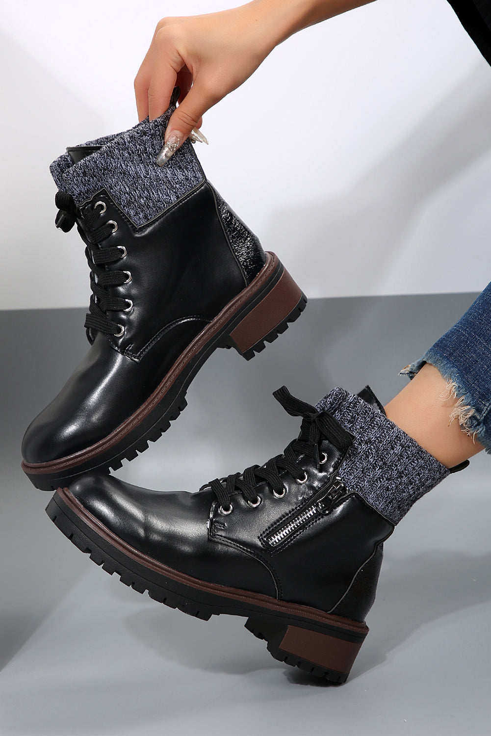 Black Knitted Patched Lace-up Heeled Ankle Boots