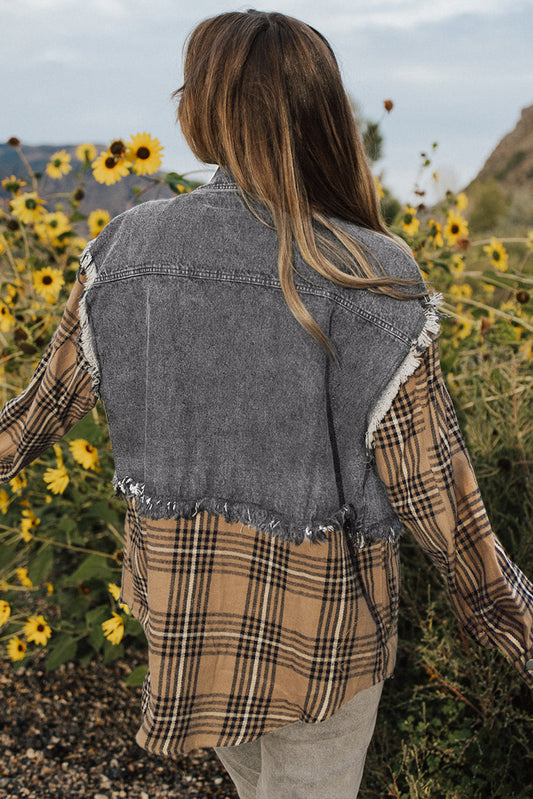 Grey & Yellow Plaid Denim Jacket