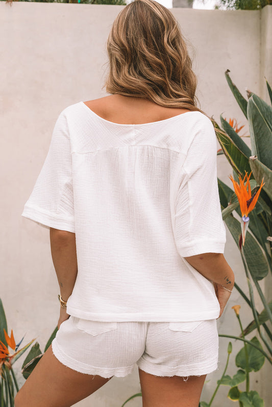 White Relaxed Off Shoulder Blouse and Drawstring Shorts Set