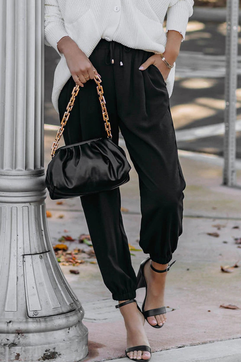 Black Solid  Smocked Waist Joggers