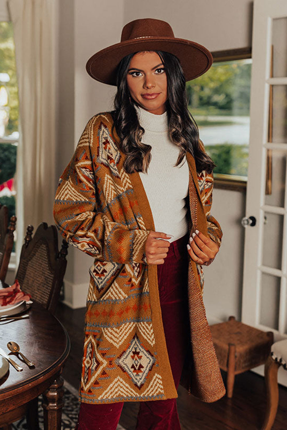 Brown Aztec Geometric Knit Cardigan