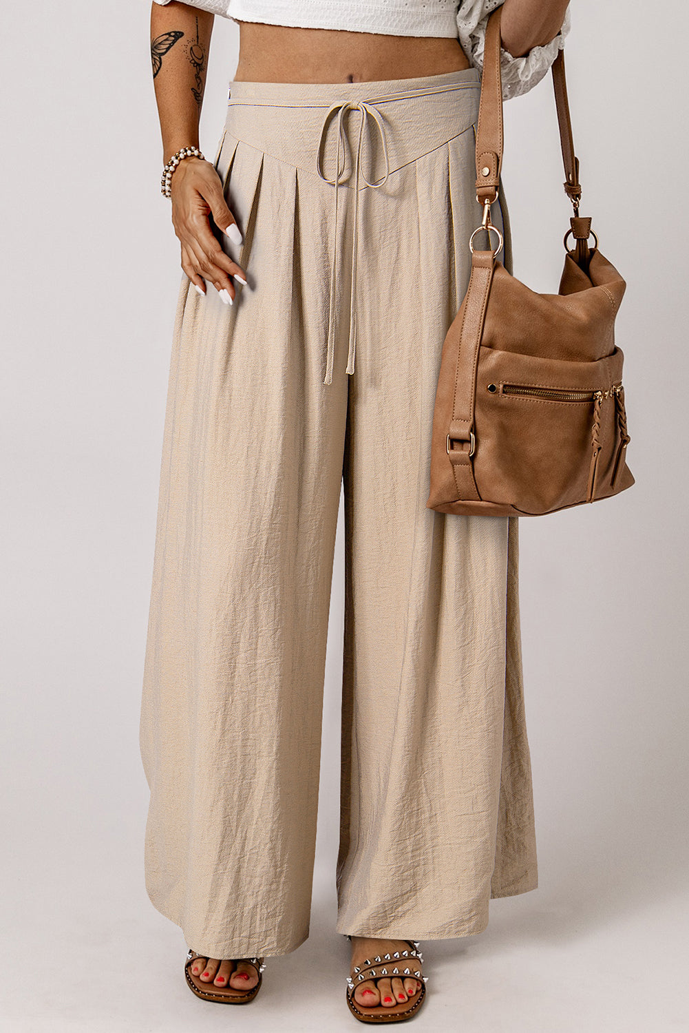 Beige Drawstring Pleated Wide Leg Pants