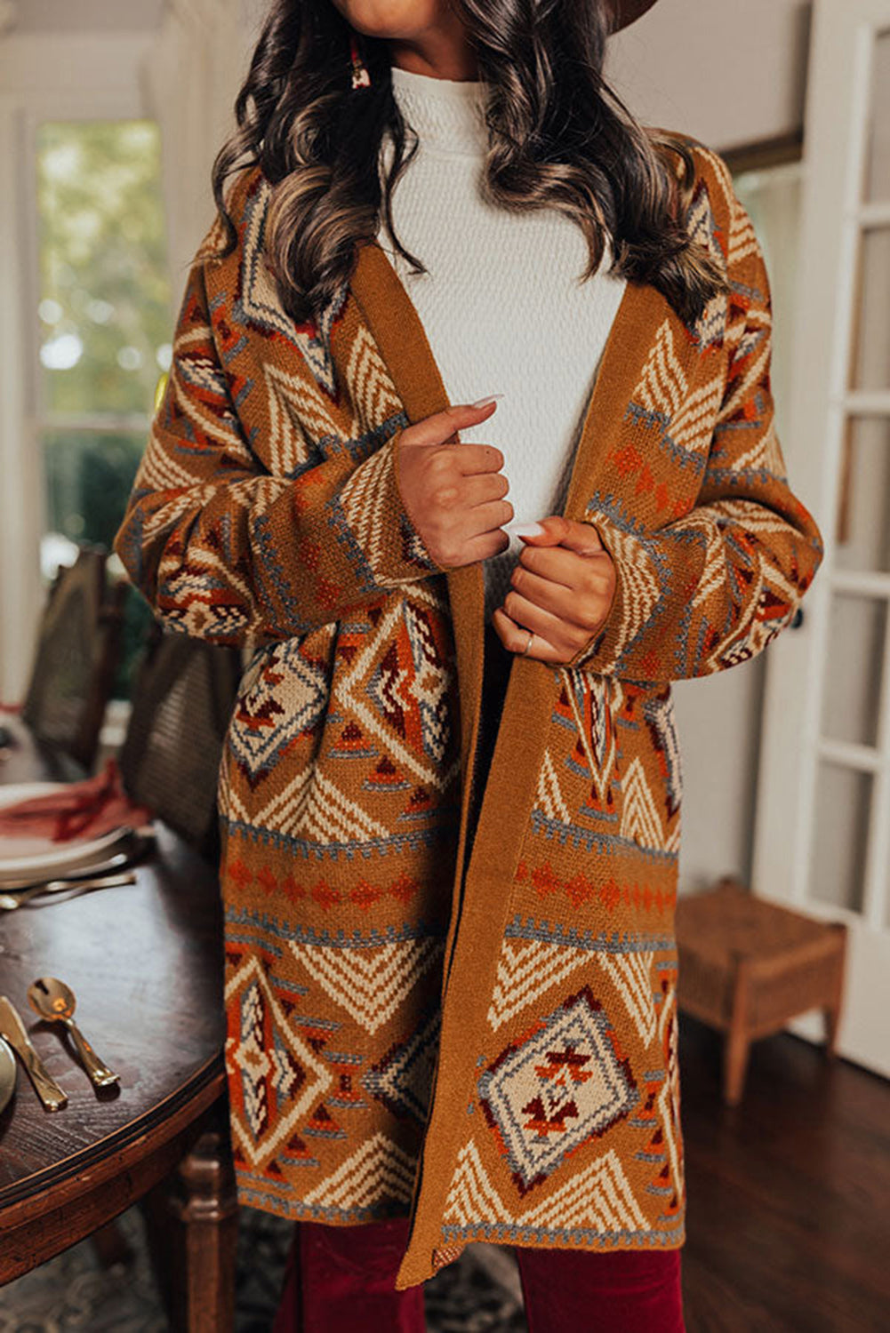 Brown Aztec Geometric Knit Cardigan