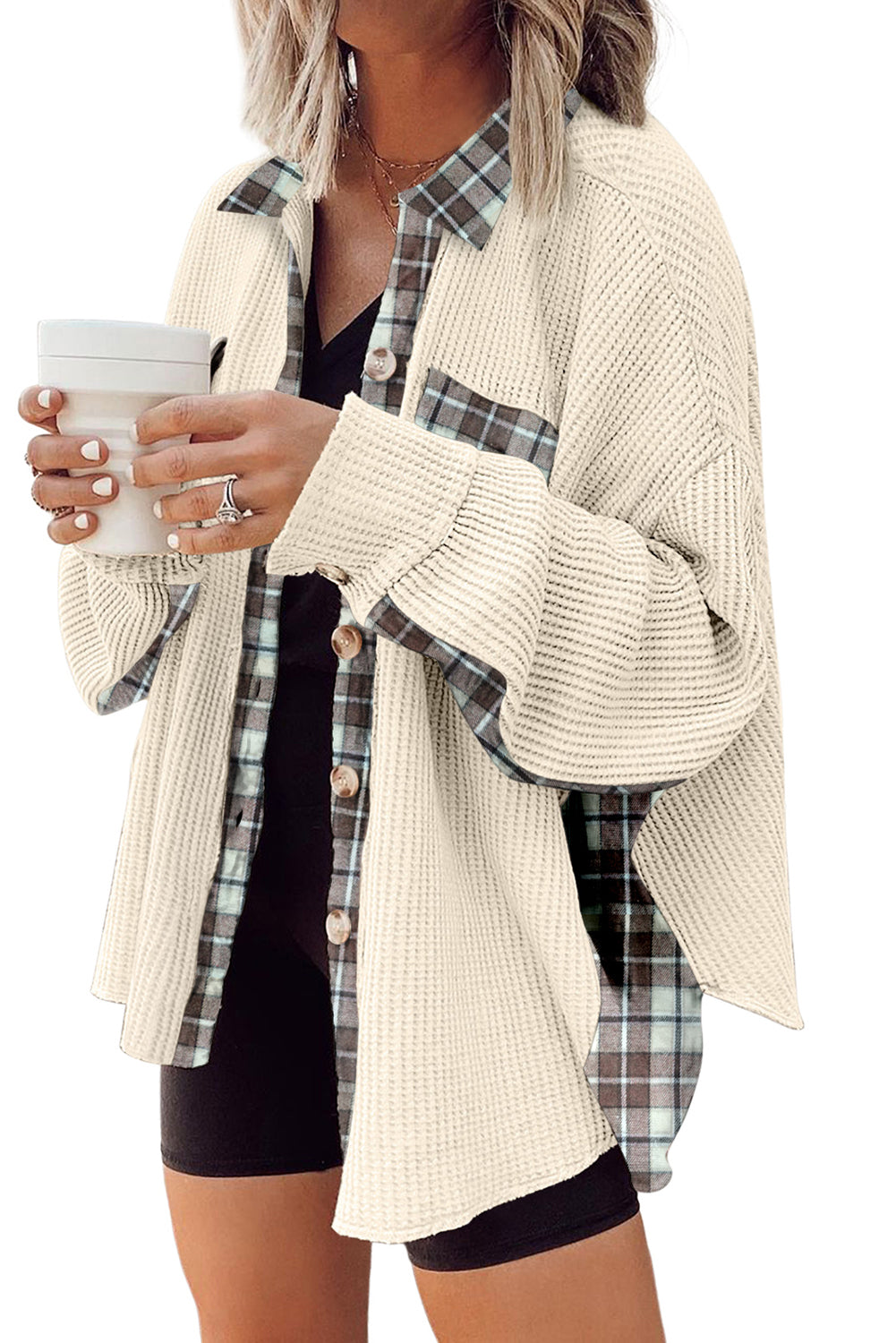 Plaid Thermal Patchwork Cardigan (Plus & Regular Size)