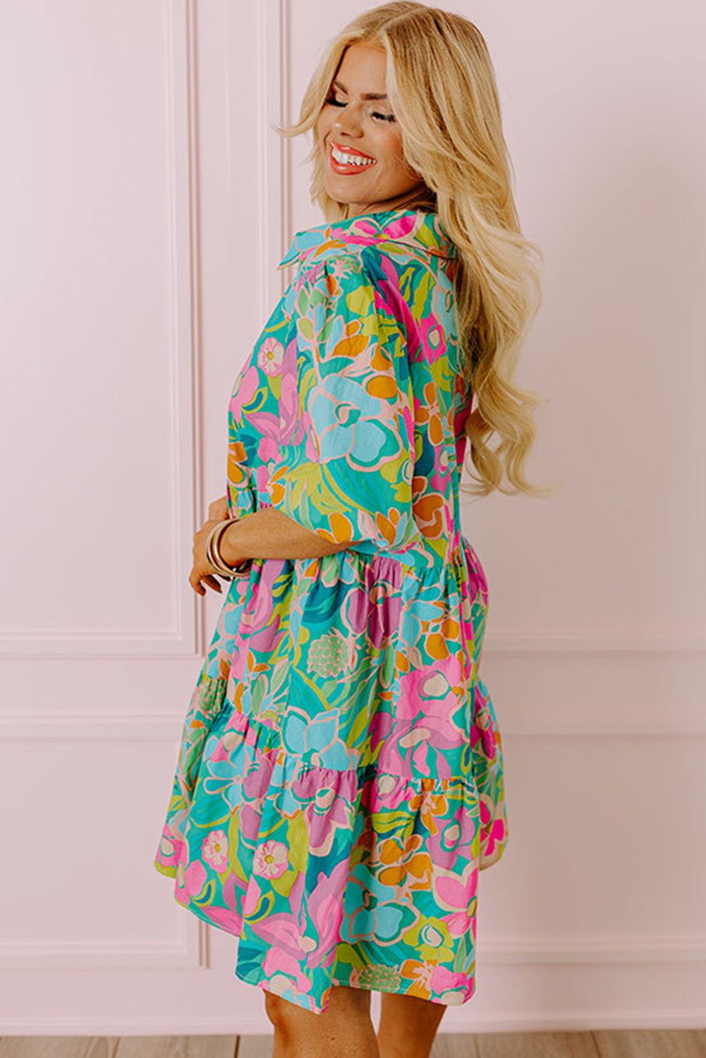 Plus Size Floral Print Tiered Shirt Dress