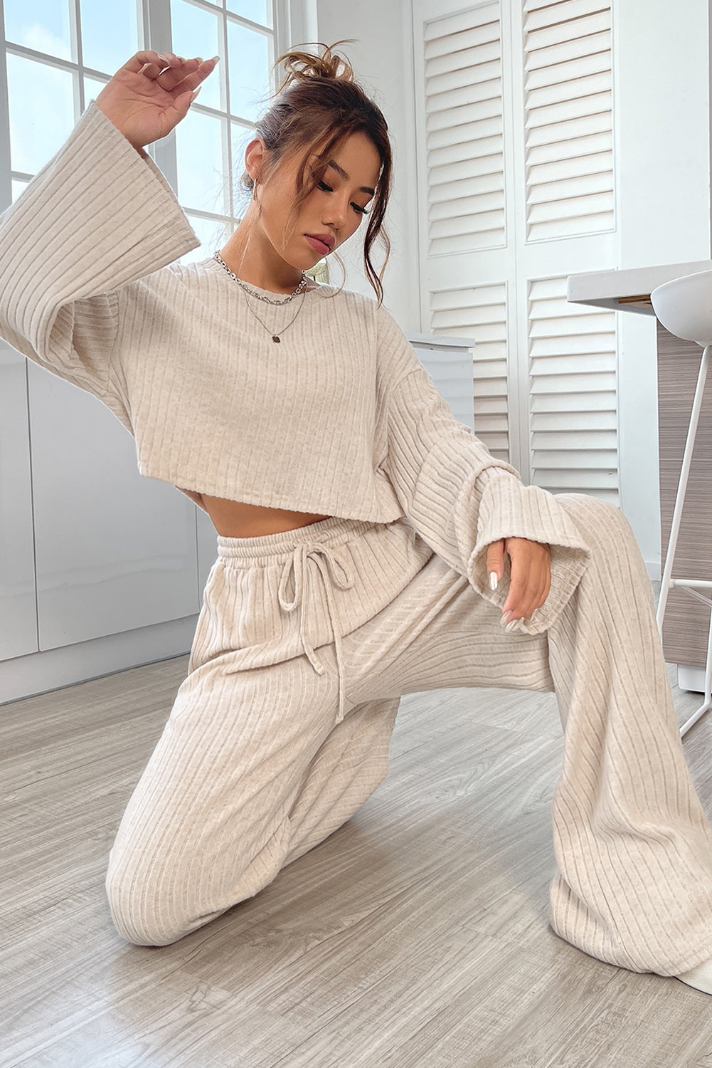 Khaki Bell Sleeve Crop Top & Drawstring Pants Set