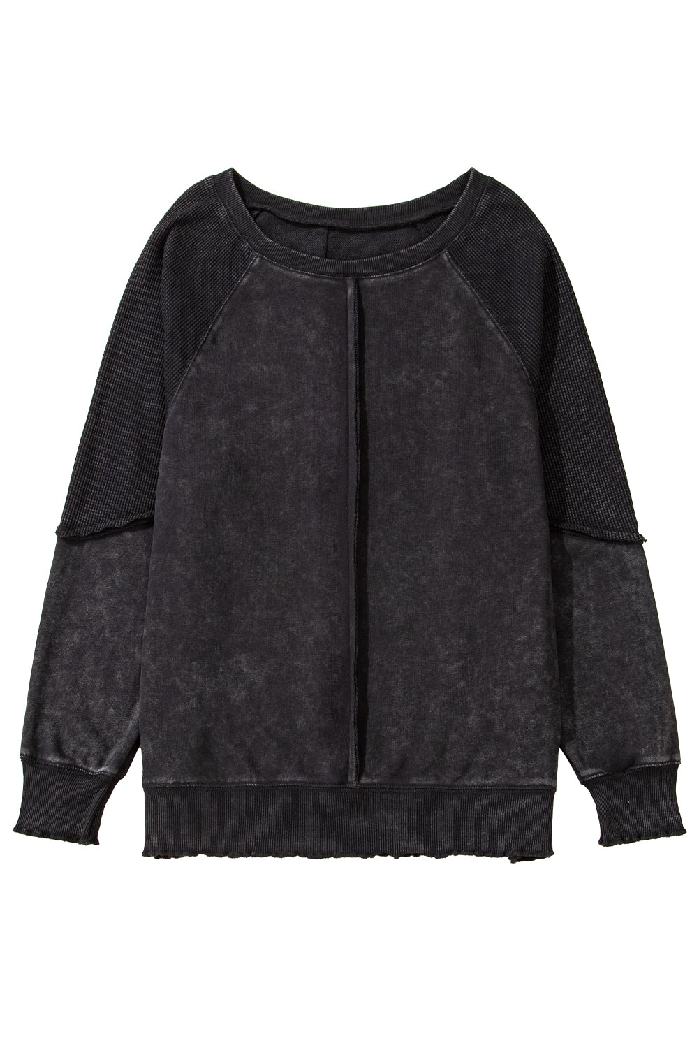 Waffle Patchwork Raglan Sleeve Exposed Seam Sweatshirt