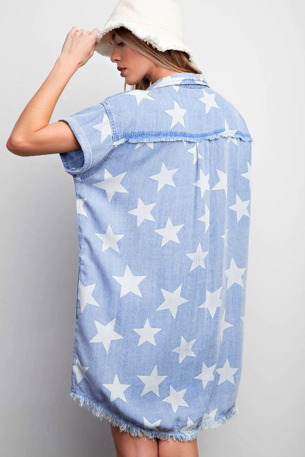 Sky Blue Stars Frayed Hem Denim Dress