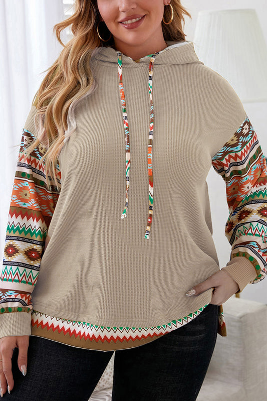 Camel Aztec Patchwork Sleeve Plus Size Hoodie